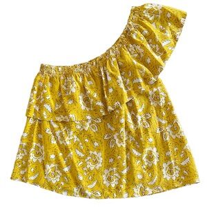 Madewell Yellow Floral One Shoulder Ruffle Tank Top Shirt 100% Silk Size…